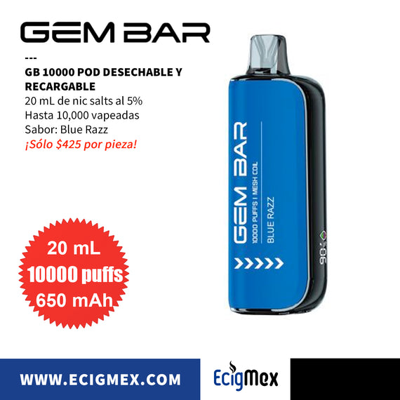 POD Desechable GEM BAR GB10000 650 mAh Diseño Estético con cuerpo indicador de Batería y Líquido Hasta 10,000 Vapeadas y 20 mL de Nic Salts