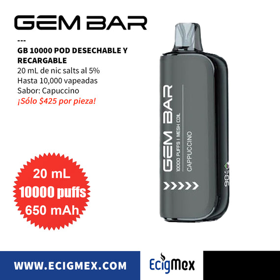POD Desechable GEM BAR GB10000 650 mAh Diseño Estético con cuerpo indicador de Batería y Líquido Hasta 10,000 Vapeadas y 20 mL de Nic Salts