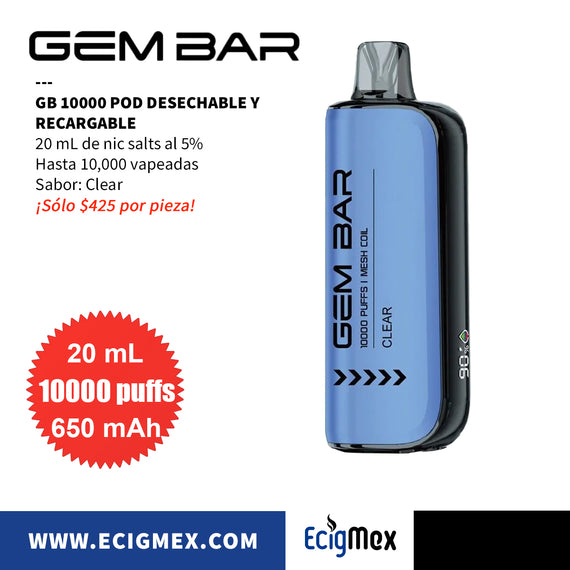 POD Desechable GEM BAR GB10000 650 mAh Diseño Estético con cuerpo indicador de Batería y Líquido Hasta 10,000 Vapeadas y 20 mL de Nic Salts