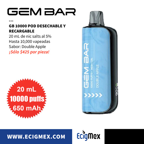 POD Desechable GEM BAR GB10000 650 mAh Diseño Estético con cuerpo indicador de Batería y Líquido Hasta 10,000 Vapeadas y 20 mL de Nic Salts