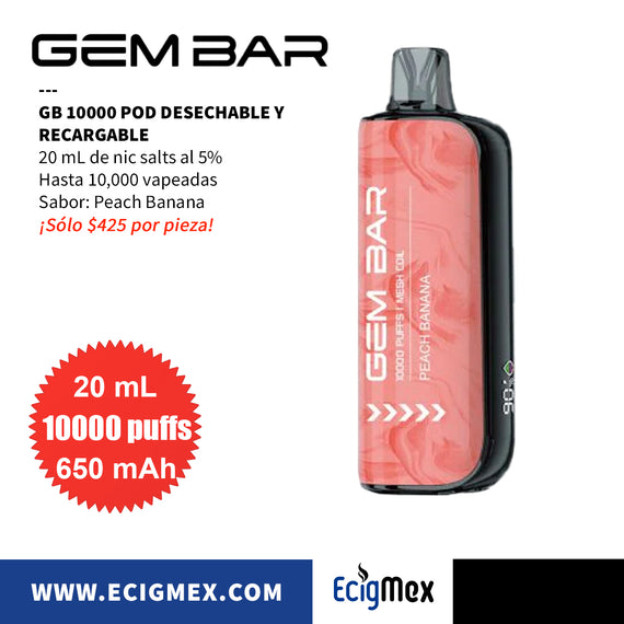 POD Desechable GEM BAR GB10000 650 mAh Diseño Estético con cuerpo indicador de Batería y Líquido Hasta 10,000 Vapeadas y 20 mL de Nic Salts