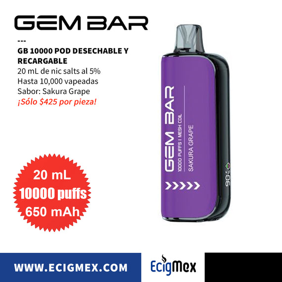 POD Desechable GEM BAR GB10000 650 mAh Diseño Estético con cuerpo indicador de Batería y Líquido Hasta 10,000 Vapeadas y 20 mL de Nic Salts