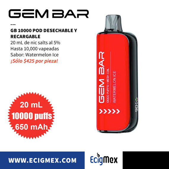 POD Desechable GEM BAR GB10000 650 mAh Diseño Estético con cuerpo indicador de Batería y Líquido Hasta 10,000 Vapeadas y 20 mL de Nic Salts