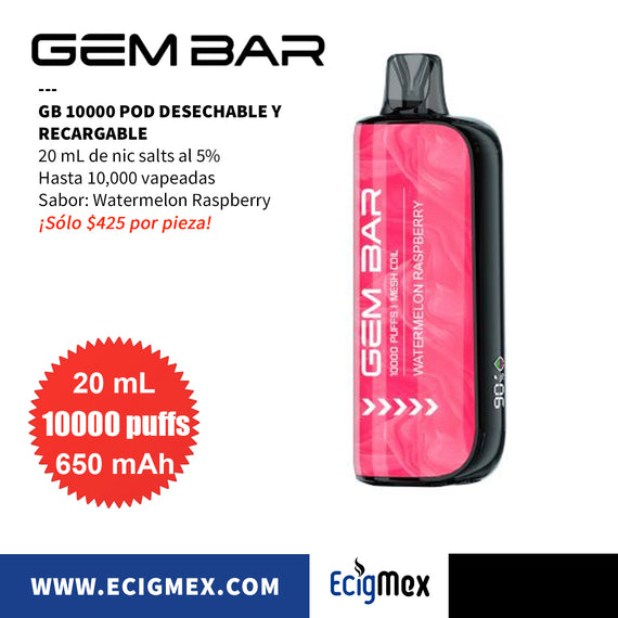 POD Desechable GEM BAR GB10000 650 mAh Diseño Estético con cuerpo indicador de Batería y Líquido Hasta 10,000 Vapeadas y 20 mL de Nic Salts