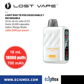 POD Desechable Lost Vape Light Rise TB 18K 700 mAh Indicador de Batería y Líquido Hasta 18,000 Vapeadas y 18 mL de Nic Salts