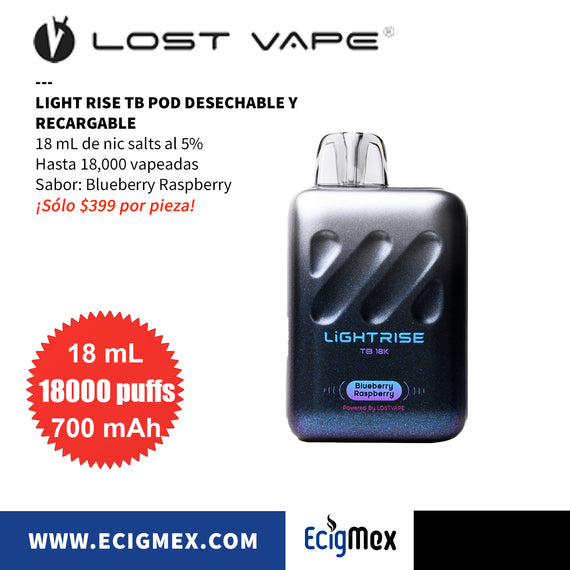 POD Desechable Lost Vape Light Rise TB 18K 700 mAh Indicador de Batería y Líquido Hasta 18,000 Vapeadas y 18 mL de Nic Salts