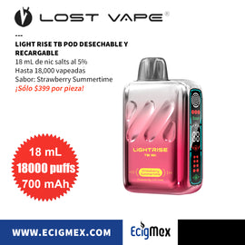 POD Desechable Lost Vape Light Rise TB 18K 700 mAh Indicador de Batería y Líquido Hasta 18,000 Vapeadas y 18 mL de Nic Salts