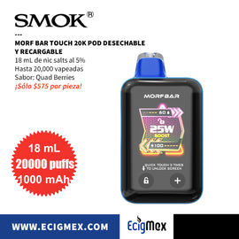 NUEVO POD Desechable SMOK MORF Bar Touch 20k Batería de 1000 mAh Pantalla TOUCH indicadora de Carga y Líquido Hasta 20,000 Vapeadas y 18 mL de Nic Salts