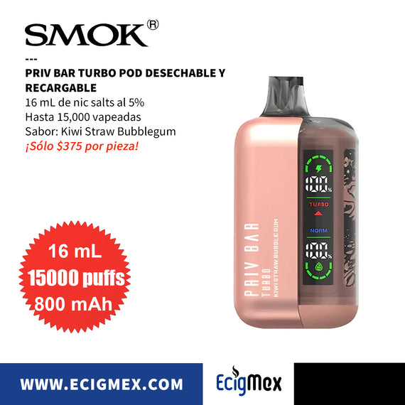 NUEVO POD Desechable SMOK Priv Bar Turbo Batería de 800 mAh Pantalla indicadora de Carga y Líquido Hasta 15,000 Vapeadas y 16 mL de Nic Salts