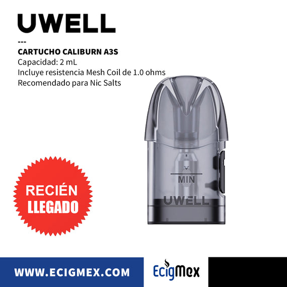 Cartucho Uwell Caliburn A3S Mesh Coil de 1.0 y 0.8 ohms Pro-Focs Tech Capacidad 2 mL Ventana Más Amplia
