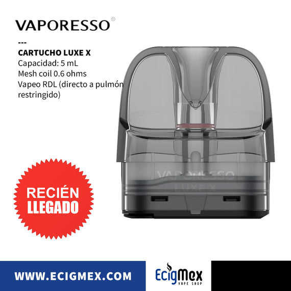 Cartucho para Vaporesso Luxe X con Mesh Coil de 0.4, 0.6 y 0.8 ohms Capacidad 5 mL Diseño traslúcido futurista