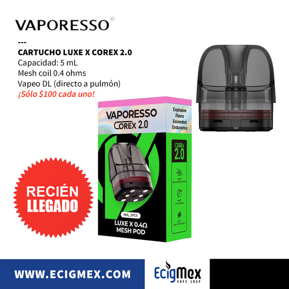 Cartucho para Vaporesso Luxe X con Mesh Coil de 0.4, 0.6 y 0.8 ohms Capacidad 5 mL Diseño traslúcido futurista