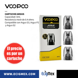 Cartucho Voopoo Argus Top Fill Compatible con Argus G3 Resistencia de 0.4 y 1.0 ohms Capacidad 3 mL