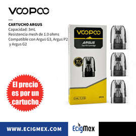 Cartucho Voopoo Argus Top Fill Compatible con Argus G3 Resistencia de 0.4 y 1.0 ohms Capacidad 3 mL