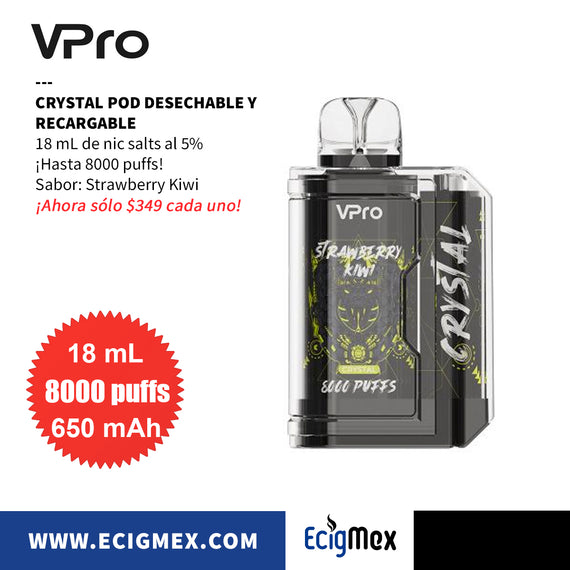 POD Desechable VPro Crystal 650 mAh Hasta 8000 Vapeadas y 18 mL de Nic Salts