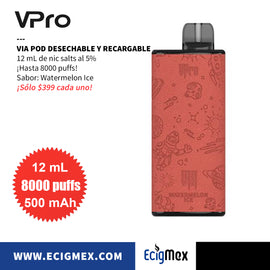 POD Desechable VPro VIA 500 mAh Pantalla indicadora de Batería y Líquido Hasta 8000 Vapeadas y 12 mL de Nic Salts