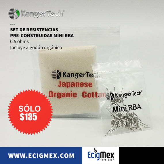 Set de Resistencias Kangertech Pre-Construidas para vaporizador mini RBA 0.5 ohms y algodón orgánico