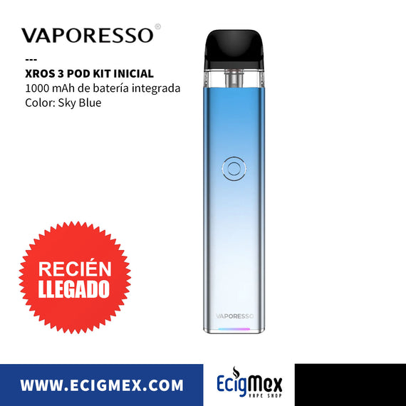 POD Inicial Vaporesso XROS 3 1000 mAh Cartucho 0.6 ohms Diseño Estético con Indicador de batería Neón